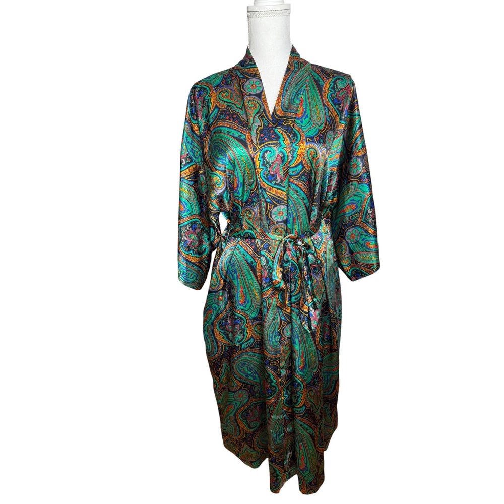 Vintage California Dynasty Womens Paisley Satin Robe Kimono Wrap Green Blue OSFM